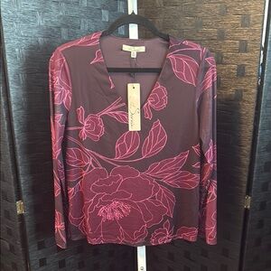 Les Serein Maroon Floral V Neck Blouse PS or Large NWT